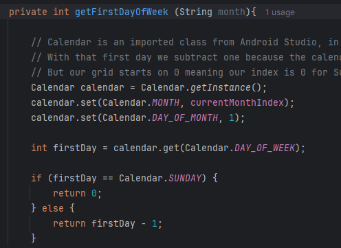 updateCalendar function