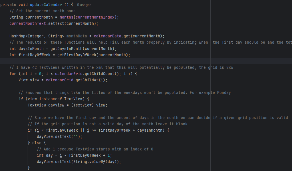 updateCalendar function